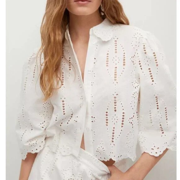 MNG Mango Swiss Embroidery Linen Blouse 2 - Picture 2 of 9